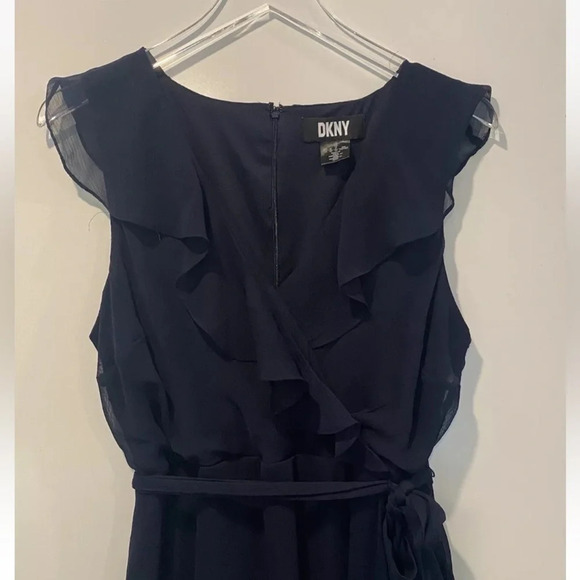 DKNY Ruffle Midi Flutter Sleeves Chiffon Dress Midnight Blue Womens 12 (681) - Picture 5 of 8